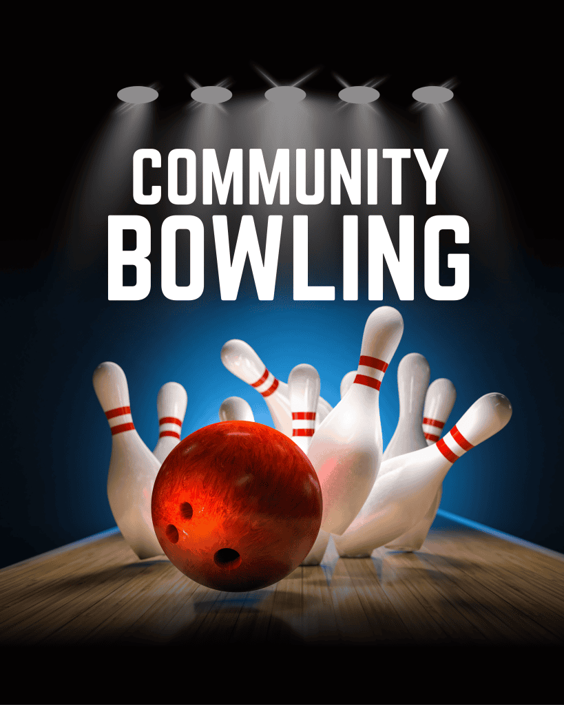 Bowling pins and ball on the lane for community recreation.