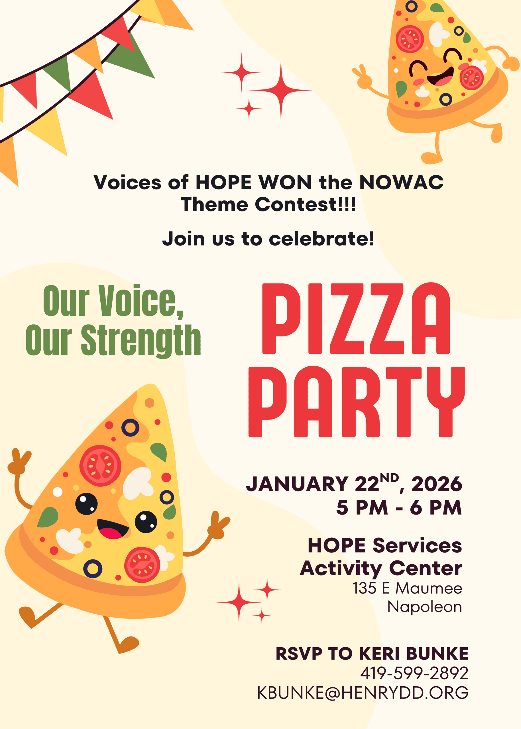 Fun pizza-themed event celebrating Voices of HOPE at Henry DD on January 22, 2026.