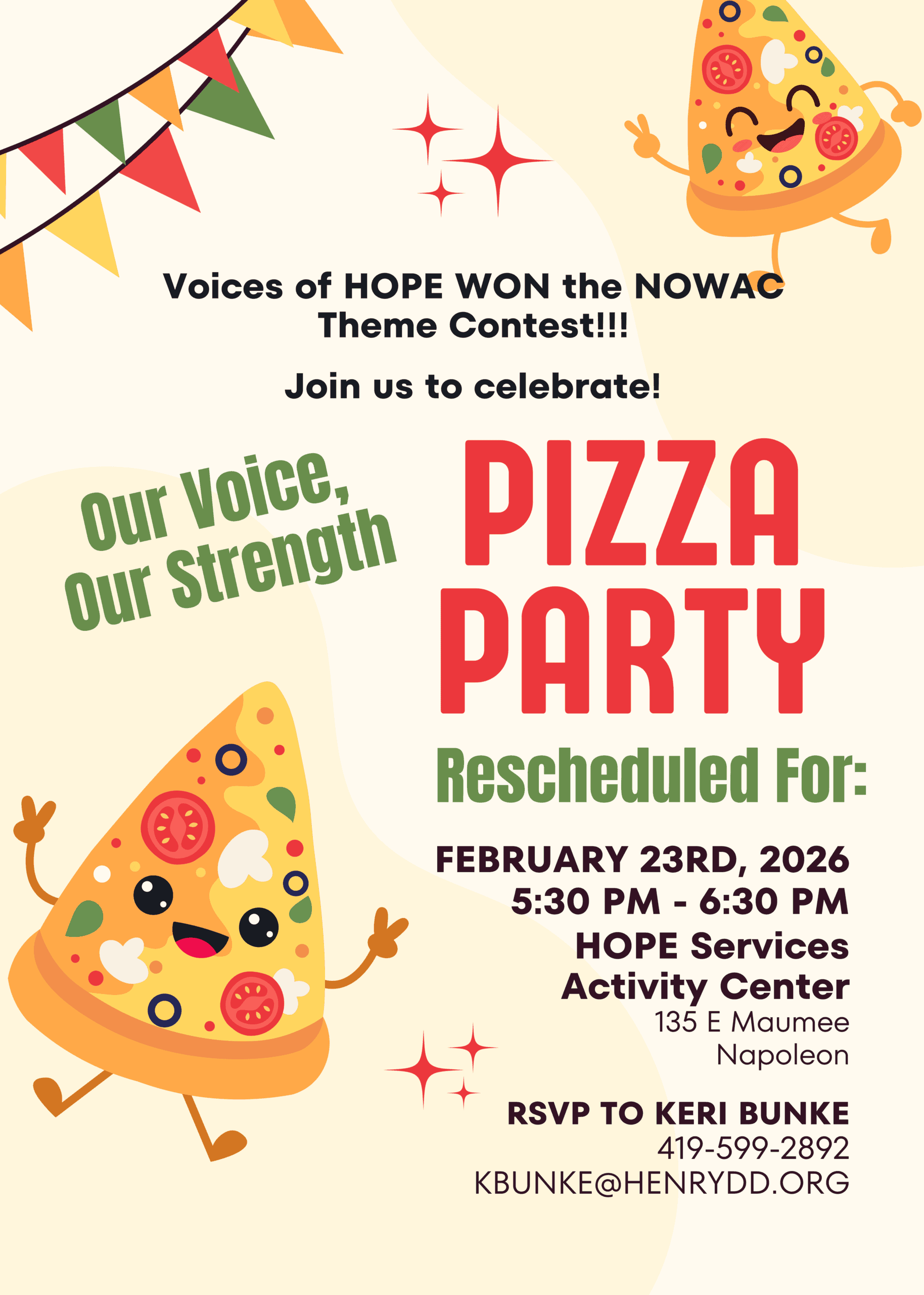 Fun pizza slice character celebrating at Voices of HOPE event.