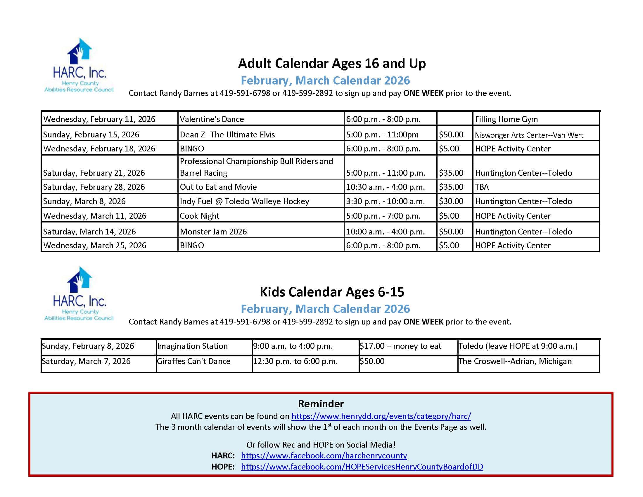 Adult Calendar February-March 2026.