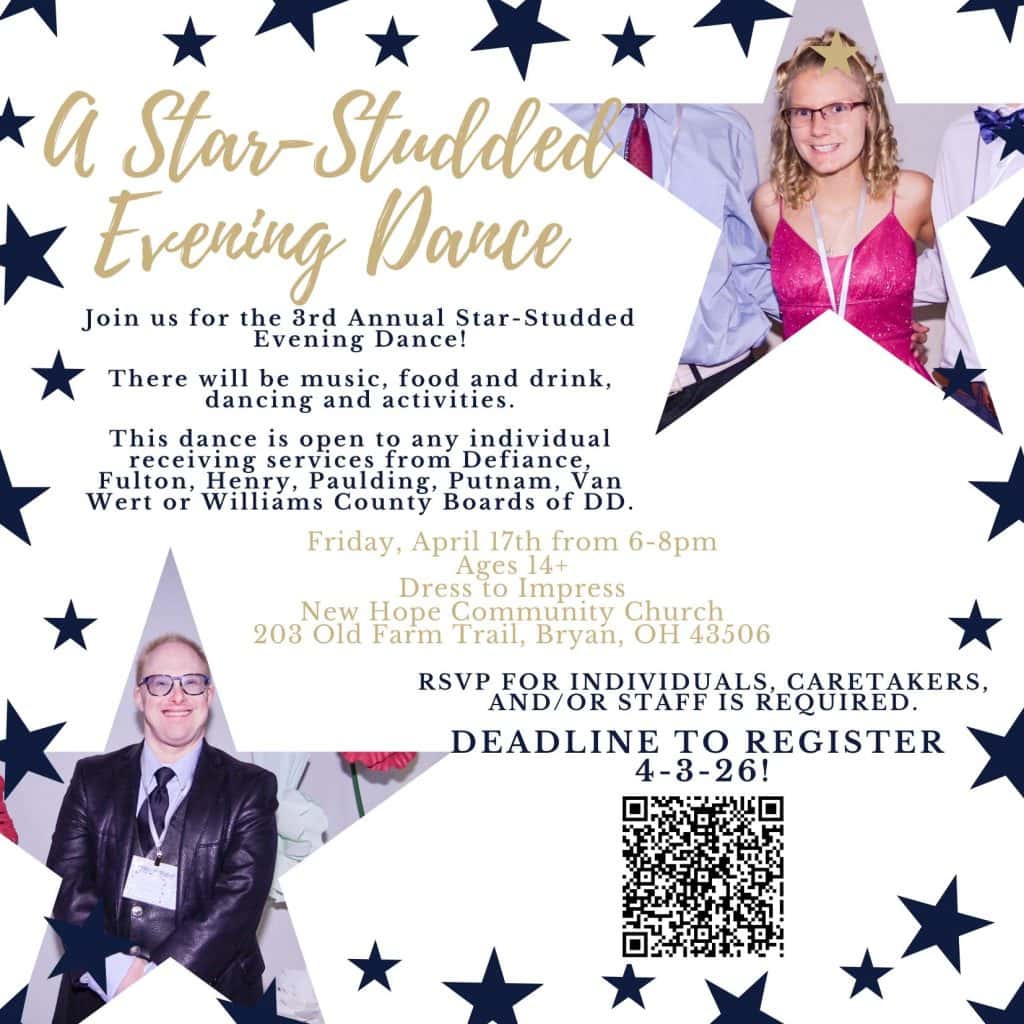 Evening dance event with music, food, and activities for individuals with developmental disabilities.