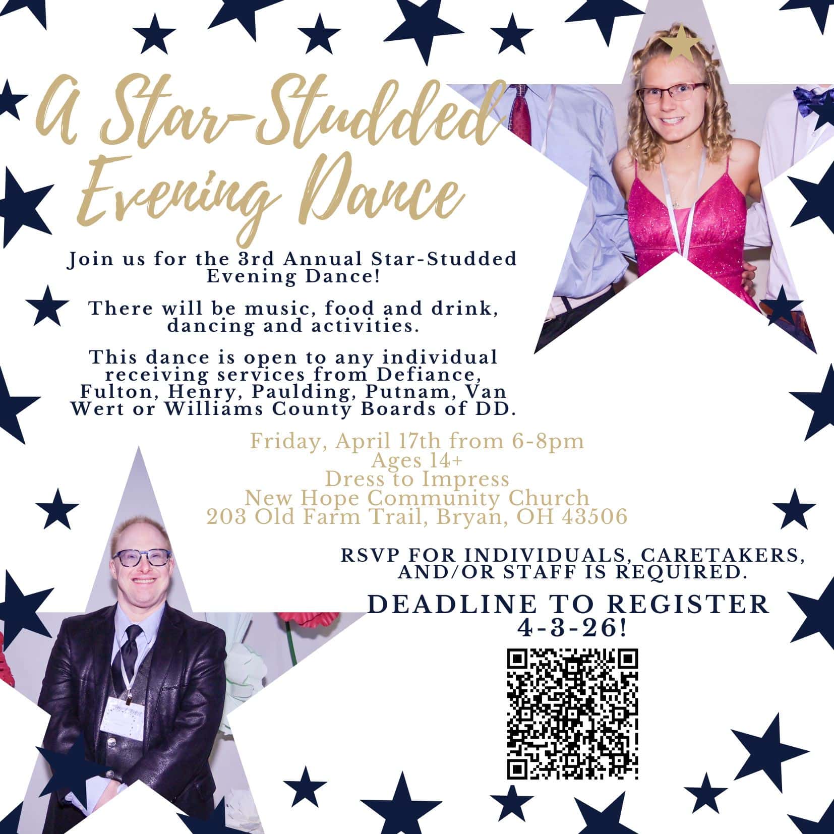 Evening dance event with music, food, and activities for individuals with developmental disabilities.