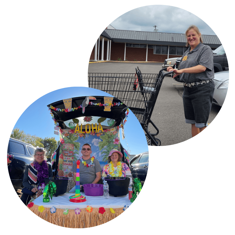 Group of individuals set up for a Hawaiian themed party and a woman pushing a shopping cart